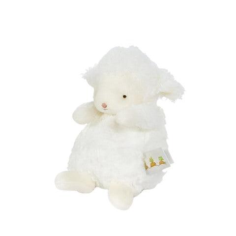 small white plush lamb with rosy cheeks. This is a side view of the plush. 