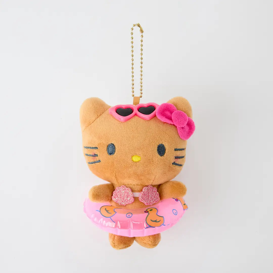 Plush keychain of the hello kitty character with sunglasses and a pink life buoy on a white background
