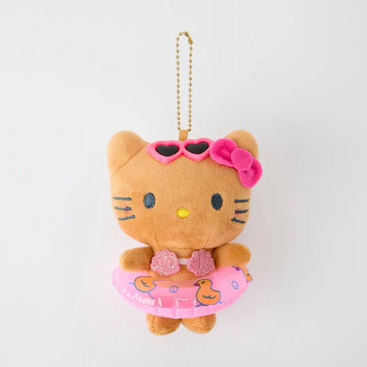 Plush keychain of the hello kitty character with sunglasses and a pink life buoy on a white background