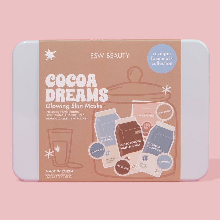ESW Beauty Cocoa Dreams face mask collection packaging on a pink background