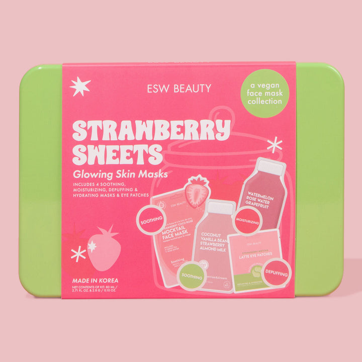 ESW Beauty Strawberry Sweets Glowing Skin Masks packaging on a pink background