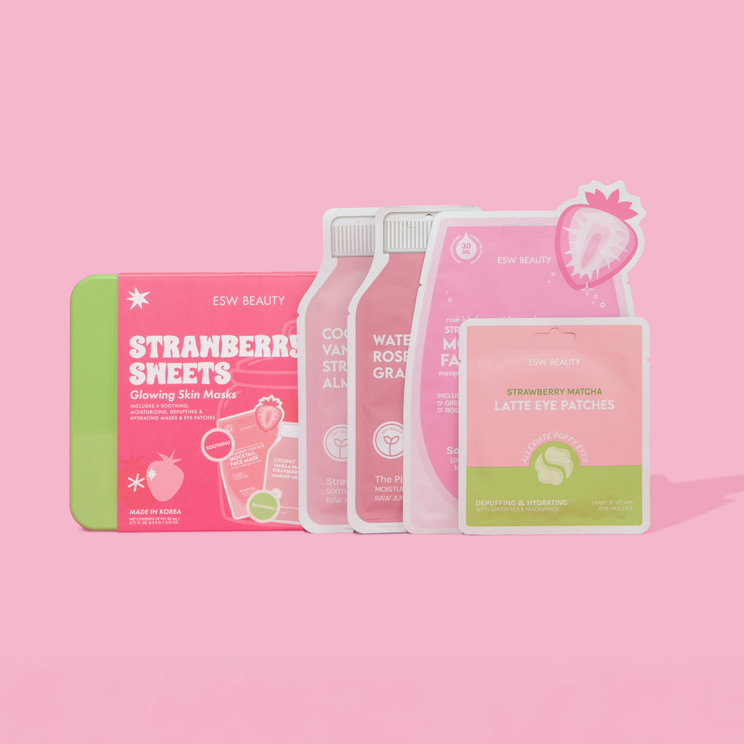 ESW Beauty strawberry-themed skincare products on a pink background