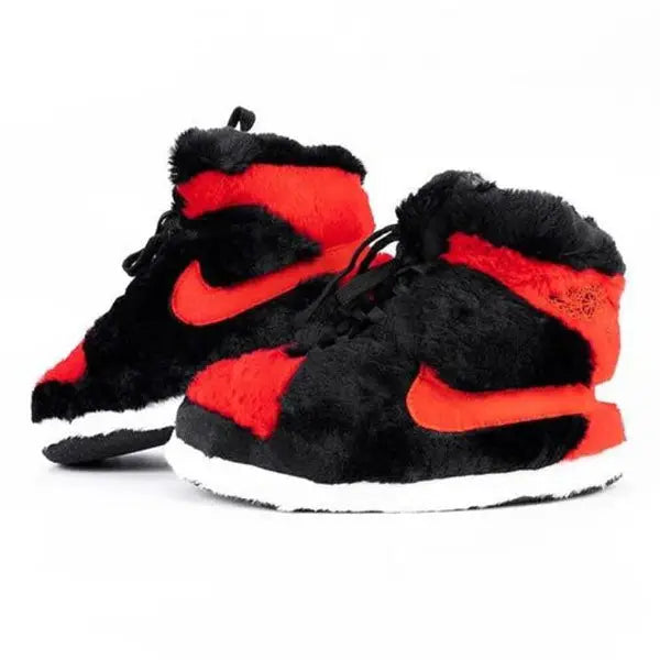 black and red furry high top basketball sneaker slippers. 