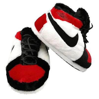 sneaker slippers that look like basketball shoes but furry and comfy. colors black, red and white