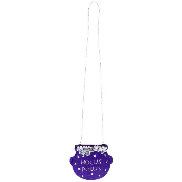 beaded bag made of seed beads. the bag is in the shape of a witch's cauldron. The cauldron has bubbles on the top and the base of the bag is purple/blue