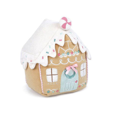 stuffed gingerbread house with pink and teal accents 