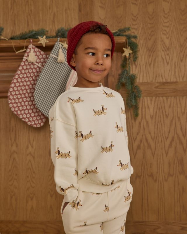 Child wearing a patterned christmas dog sweater and pants with a red hat, standing against a wooden wall with decorative elements.