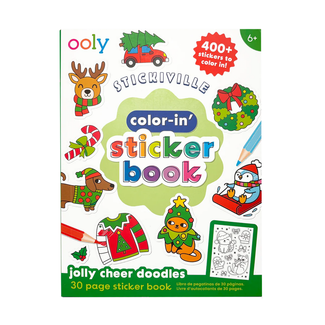 Ooly Stickiville Color-In Sticker Book cover, featuring festive Christmas-themed illustrations including a reindeer, dog, penguin, sweater, Christmas tree, wreath, candy canes, and a coloring page preview on a white background.