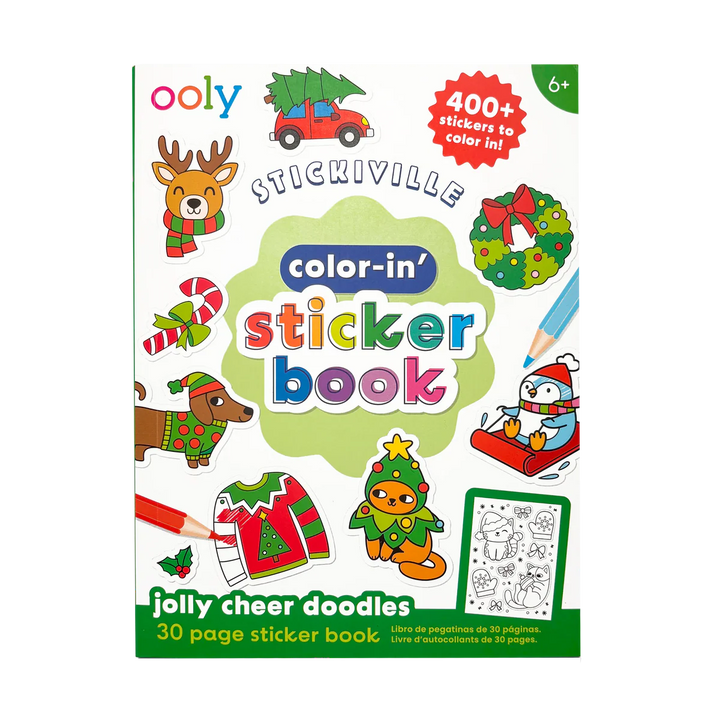 Ooly Stickiville Color-In Sticker Book cover, featuring festive Christmas-themed illustrations including a reindeer, dog, penguin, sweater, Christmas tree, wreath, candy canes, and a coloring page preview on a white background.