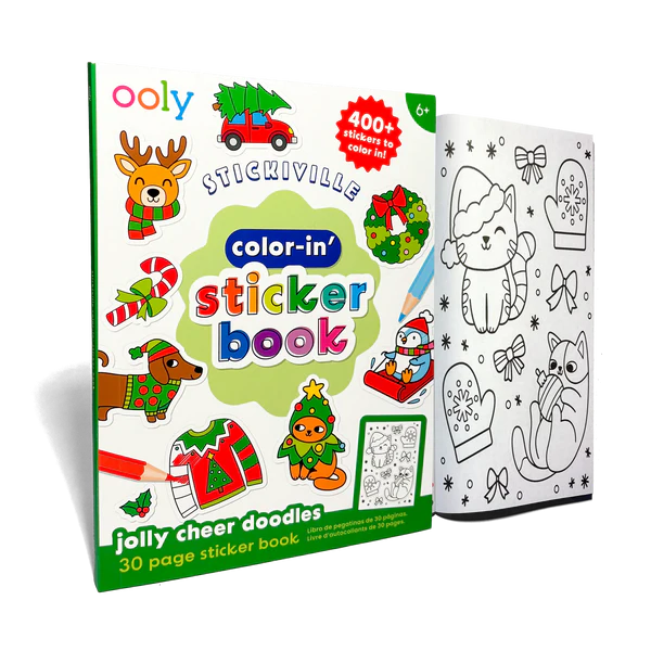 Ooly Jolly Cheer Doodles Sticker Ville sticker book shown with its colorful cover and a preview of one of the coloring-in sticker pages.
