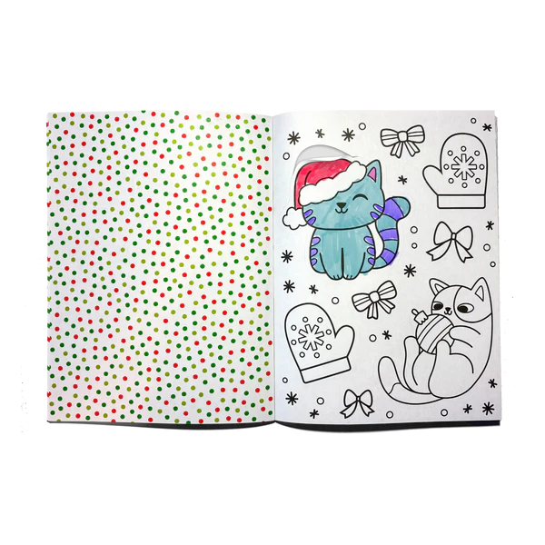 An open coloring book or journal spread on a white background, showing a left page with red and green polka dots and a right page with cute holiday illustrations including a blue cat in a Santa hat, snow globes, bows, and outlines of another cat.