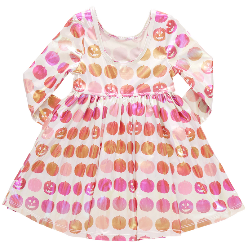 long sleeve little girl dress, all over pumpkin print. lame material with a nice sheen to it. all pumpkins are a pink, orange or coral color. 