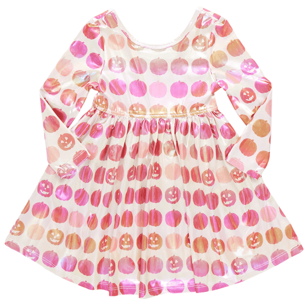 little girls dress, lame material with a hologram type finish, all over pumpkin print- pumpkins are all different shades of pink, orange and coral. very pretty sheen to it. 
