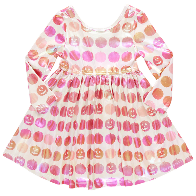 little girls dress, lame material with a hologram type finish, all over pumpkin print- pumpkins are all different shades of pink, orange and coral. very pretty sheen to it. 