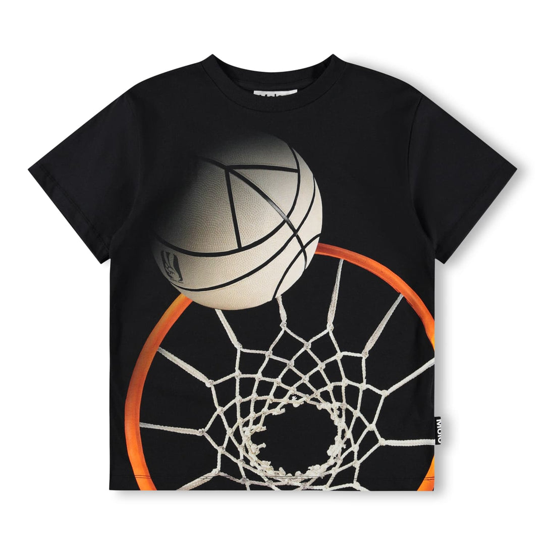Black t-shirt with a basketball and hoop design on a white background