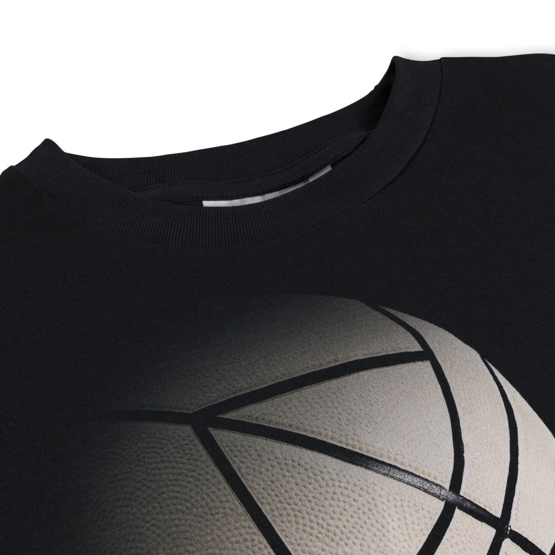 Close-up of a black t-shirt with a basketball design on a white background