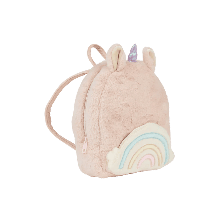 pink furry backpack with rainbow pocket in front and purple unicorn horn on top. 