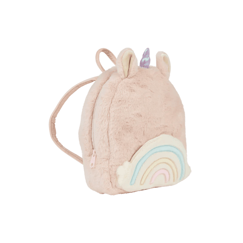 pink furry backpack with rainbow pocket in front and purple unicorn horn on top. 