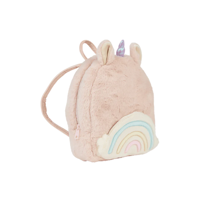 pink furry backpack with rainbow pocket in front and purple unicorn horn on top. 