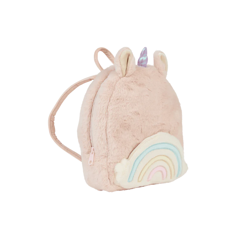 pink furry backpack with rainbow pocket in front and purple unicorn horn on top. 