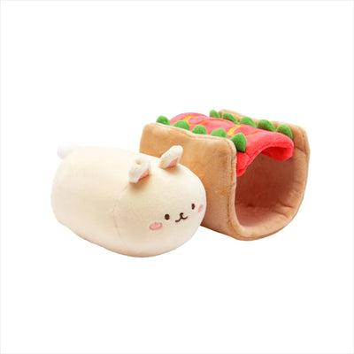 Mini squishy plush bunny dressed as a hot dog, hot dog outfit and bunny detach. this pictures shows each piece. 