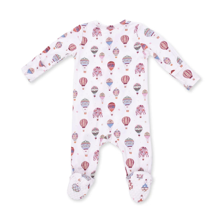 A baby long-sleeve footed sleeper in white with an all-over pink and purple hot air balloon pattern, shown flat on a white background.