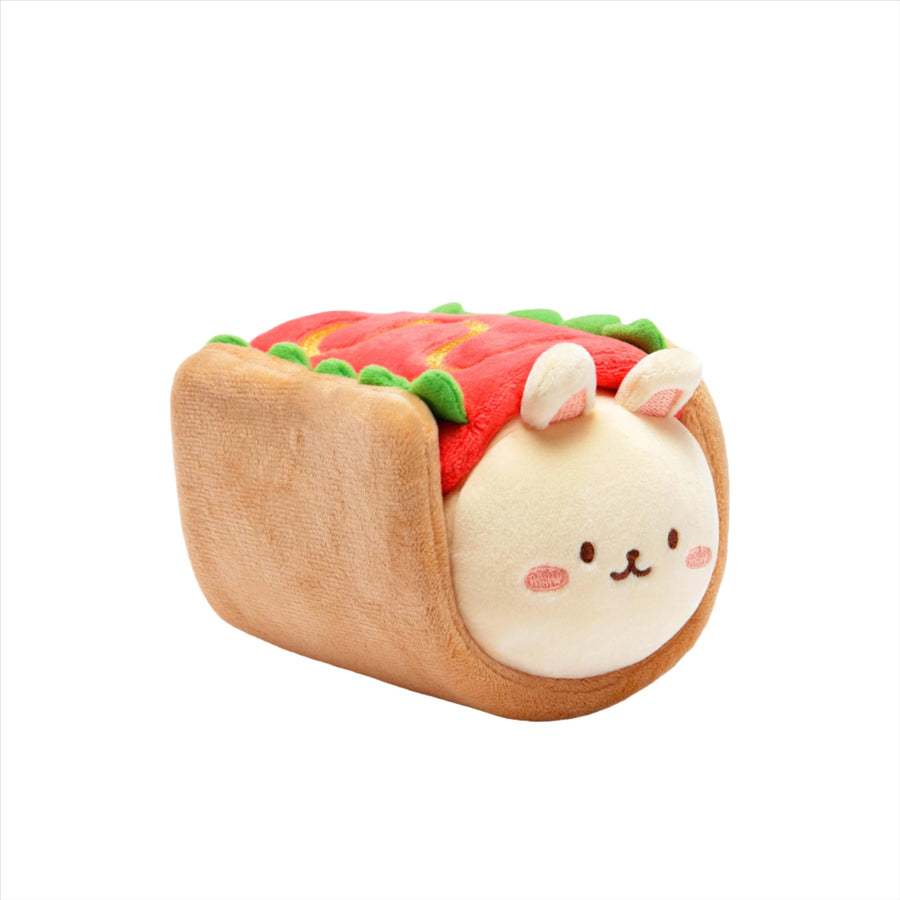 squish plush bunny wearing a hot dog outfit. Outfit is deatchable