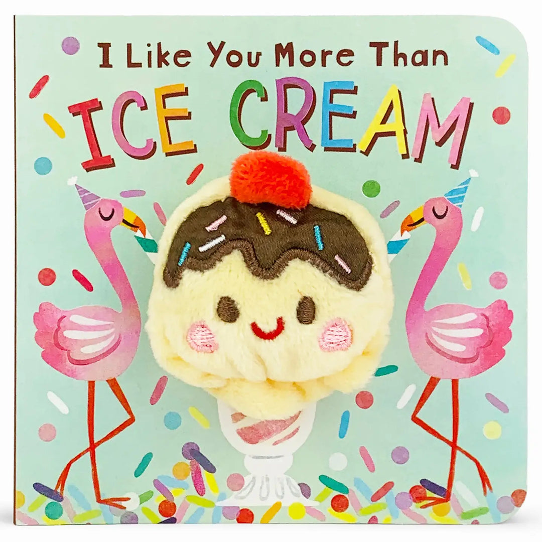 Children's book cover with ice cream character and flamingos on a light blue background