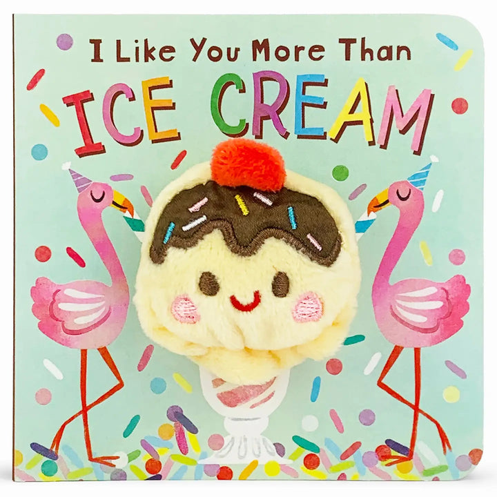 Children's book cover with ice cream character and flamingos on a light blue background