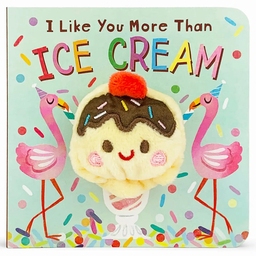 Children's book cover with ice cream character and flamingos on a light blue background