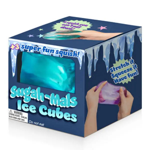Box of Sugah-Mals Ice Cubes with blue and purple stretchy items on a white background