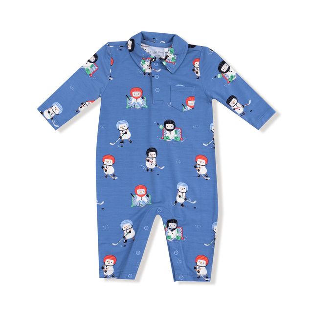 Blue baby polo romper with penguins playing ice hockey