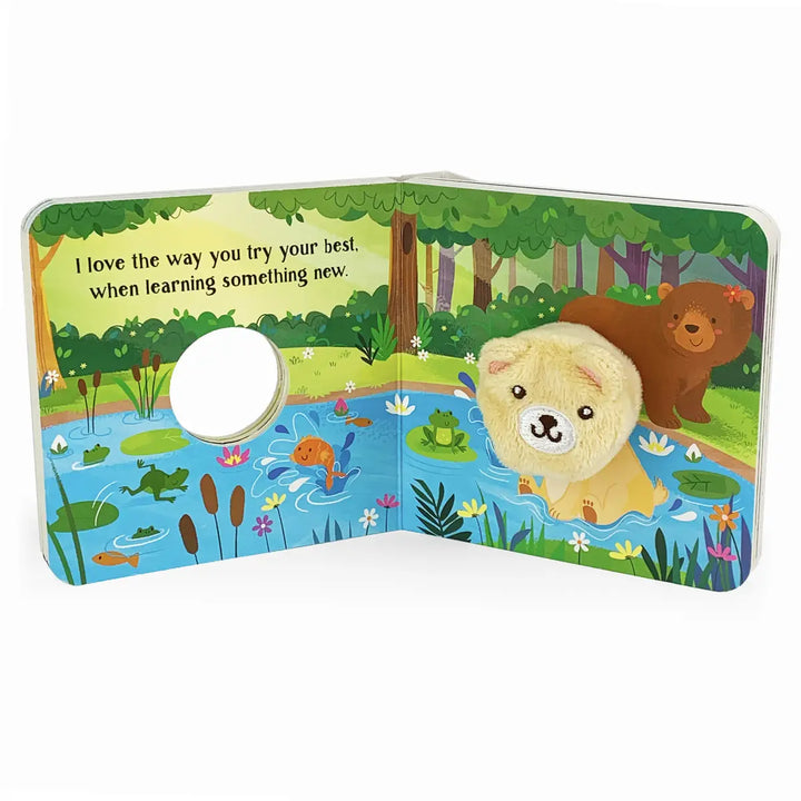 Children's book with a bear and dog illustration on a white background