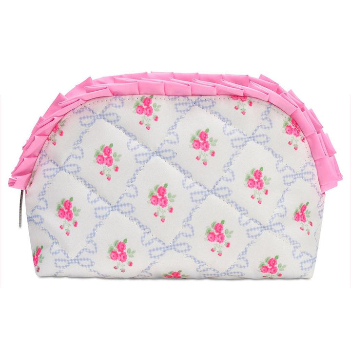 cosmetic bag white background with blue ribbons and small pink flowers all over. pink ruffle along the top of the bag. 