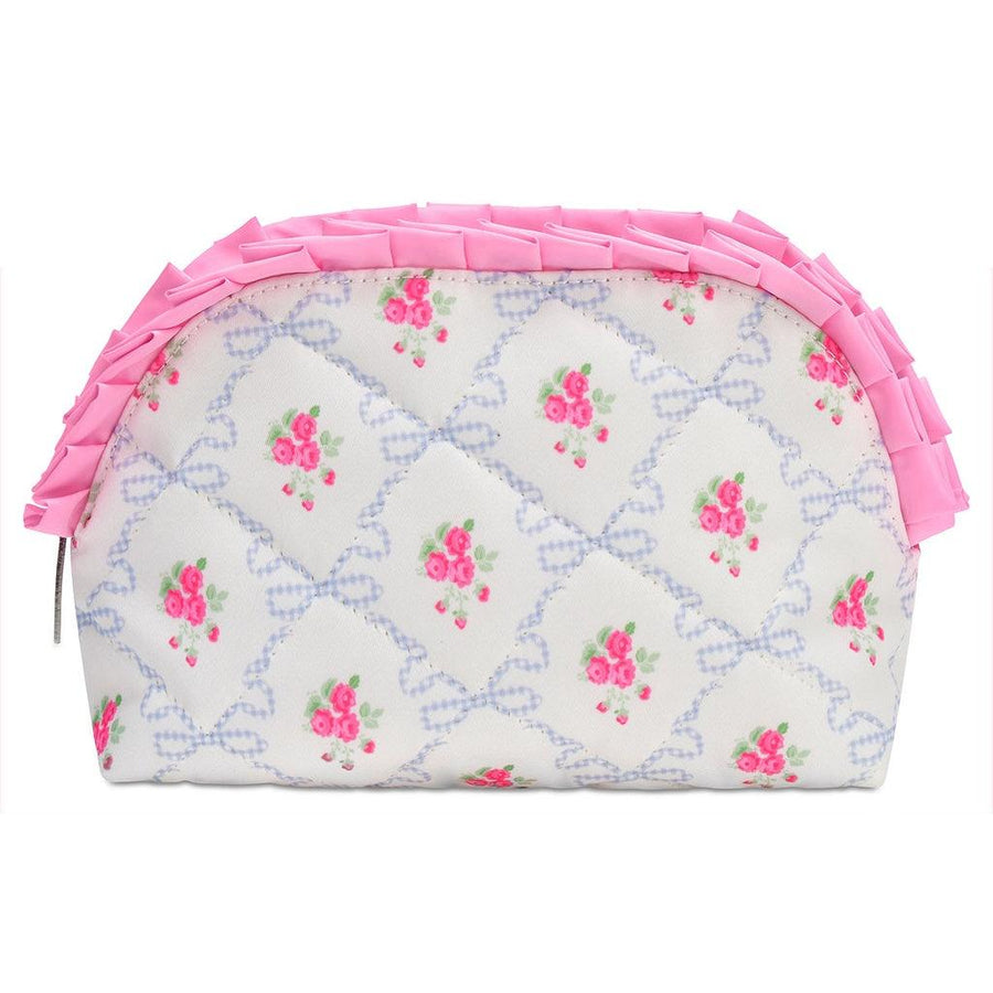 cosmetic bag white background with blue ribbons and small pink flowers all over. pink ruffle along the top of the bag. 