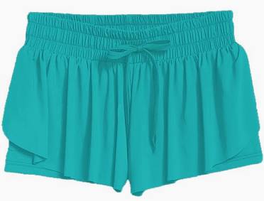 Turquoise shorts with an elastic waistband on a plain background