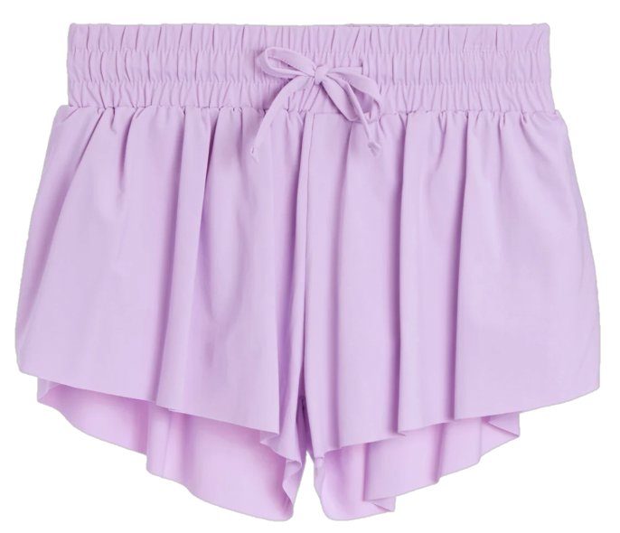 Lavender shorts with an elastic waistband and tie on a white background