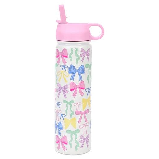 insulated water bottle, white base with multi colored bows all over. pink top. 