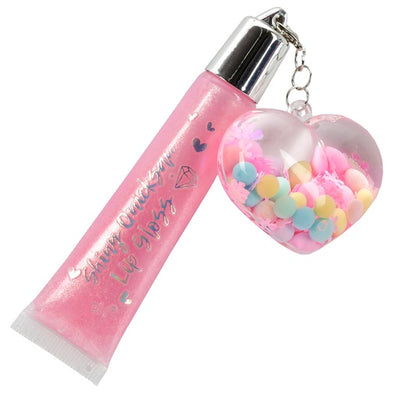 pink glitter lip glosee with heart charm attached to the cap