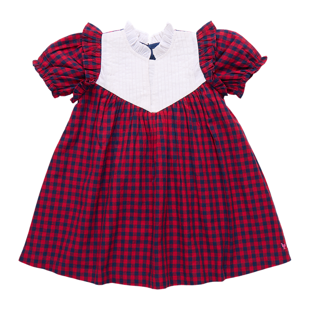Red and blue checkered dress with white collar on a white background