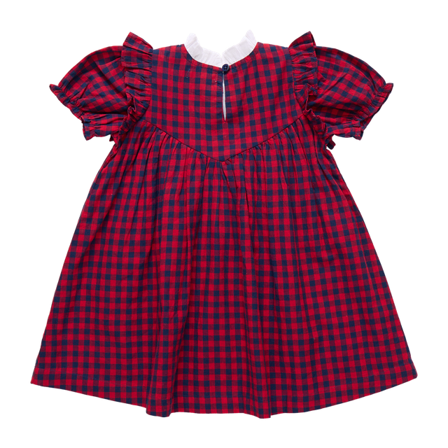 Red and blue checkered dress with ruffled sleeves on a white background