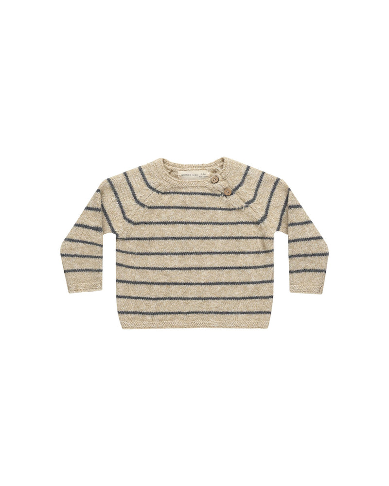 beige baby sweater with navy stripes across it. two buttons at the neckline. 