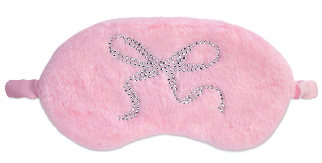 furry pink eye mask with rhinestone applique on the front