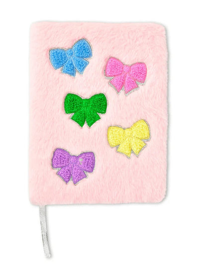 pink fuzzy journal with different color bow appliques 