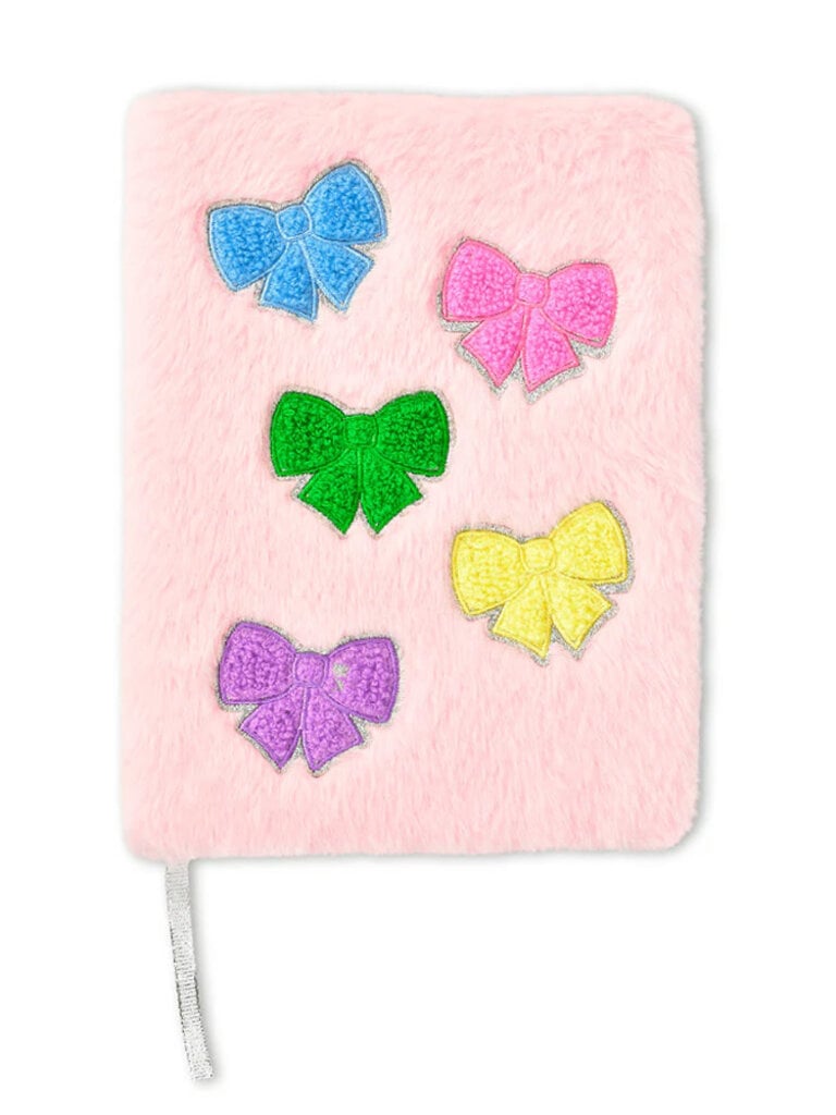 pink fuzzy journal with different color bow appliques 