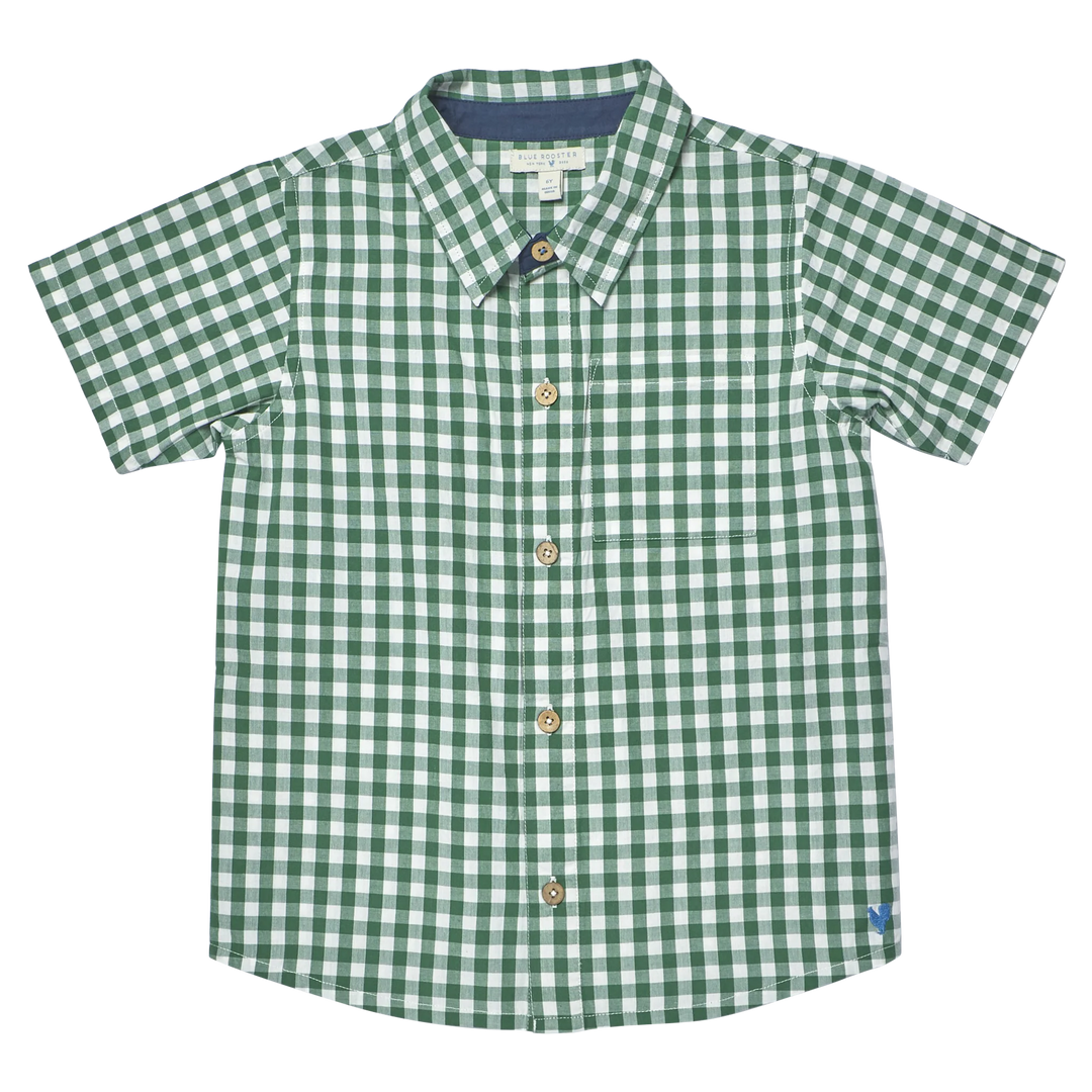A green and white gingham short-sleeve button-up shirt with a pointed collar and decorative buttons, laid flat against a white background.