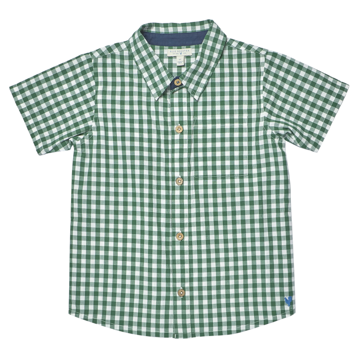 A green and white gingham short-sleeve button-up shirt with a pointed collar and decorative buttons, laid flat against a white background.