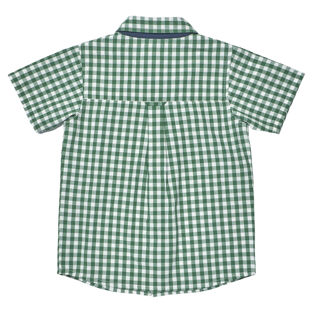 Back of A green and white gingham short-sleeve button-down shirt shown from the back, laid flat against a white background.