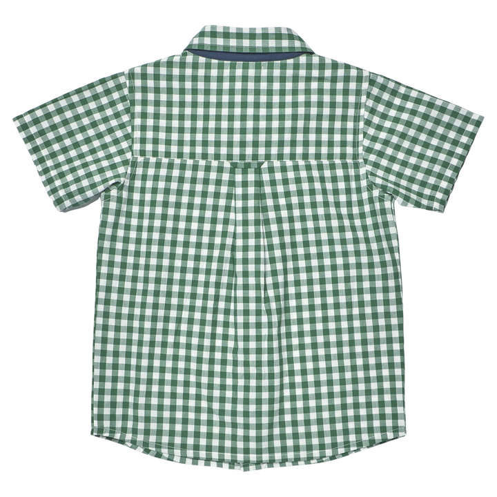 Back of A green and white gingham short-sleeve button-down shirt shown from the back, laid flat against a white background.