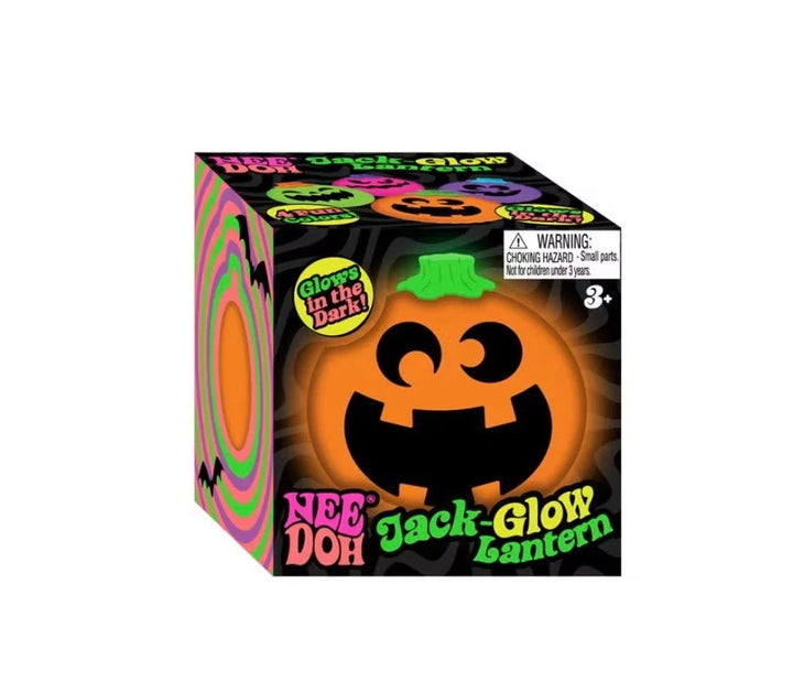 Nee Doh Jack-Glow Lantern toy in its retail packaging, featuring a black box with a large orange jack-o'-lantern face and colorful Halloween-themed graphics.